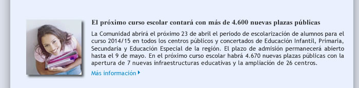 El próximo curso escolar contará con más de 4.600 nuevas plazas públicas