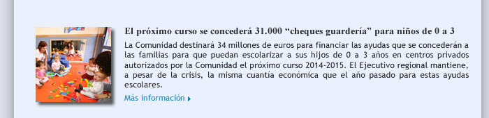 El próximo curso se concederá 31.000 ‘cheques guardería’ para niños de 0 a 3 