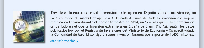 Tres de cada cuatro euros de inversión extranjera en España viene a nuestra región