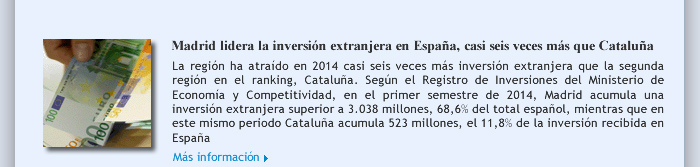 Madrid lidera la inversión extranjera en España, casi seis veces más que Cataluña