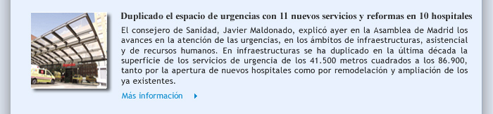 Duplicado el espacio de urgencias con 11 nuevos servicios y reformas en 10 hospitales