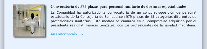 Convocatoria de 575 plazas para personal sanitario de distintas especialidades